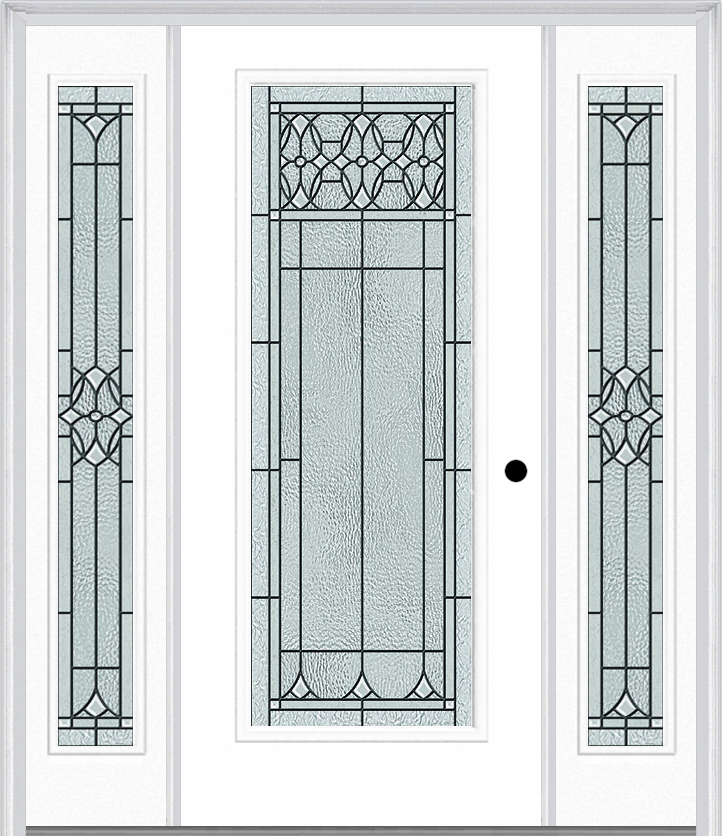 MMI Full Lite 6'8" Fiberglass Smooth Selwyn Patina Exterior Prehung Door With 2 Full Lite Selwyn Patina Decorative Glass Sidelights 686